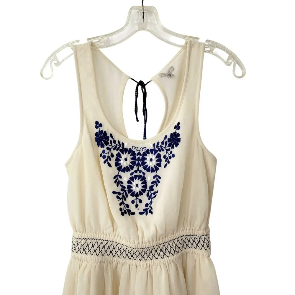 Ecote Cream and Blue Embroidered Sleeveless Mini Dress - Picture 3 of 6